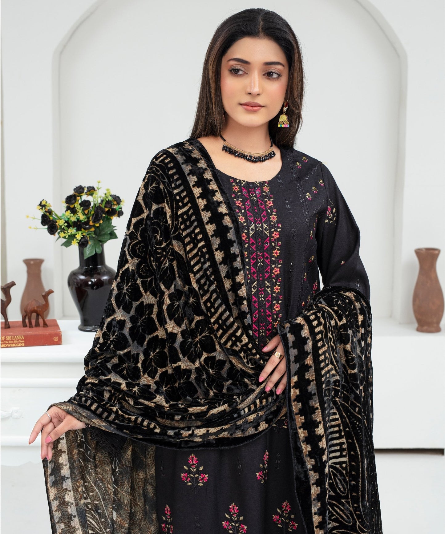 CREATION Dhanak 3PC Chikankari Embroidered Shirt With Velvet Plachi Shawl- 2101 - QQ