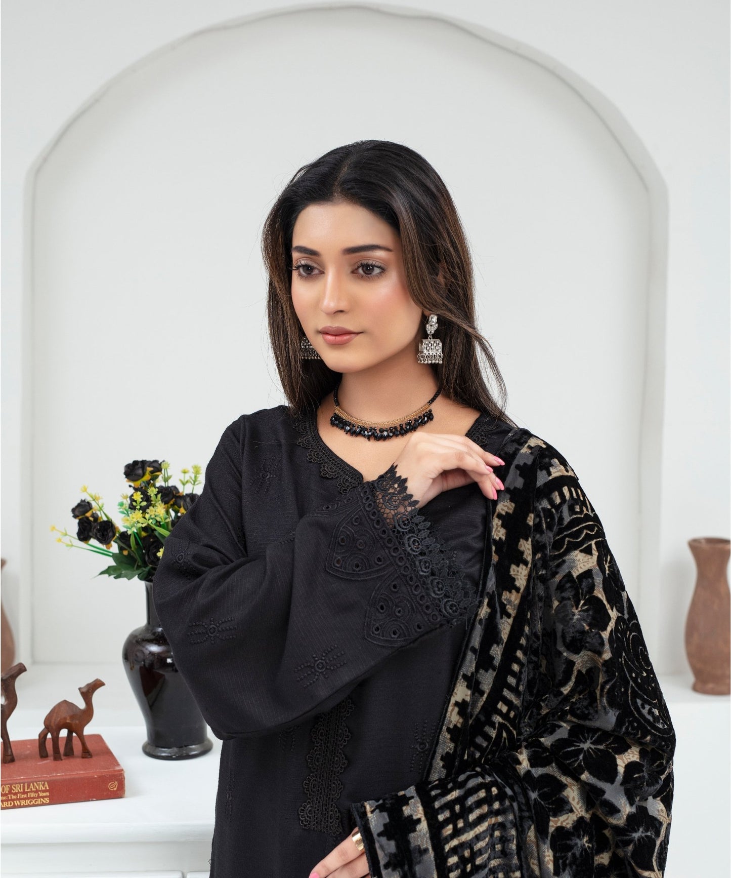 CREATION Dhanak 3PC Chikankari Embroidered Shirt With Velvet Plachi Shawl- 2107 - QQ