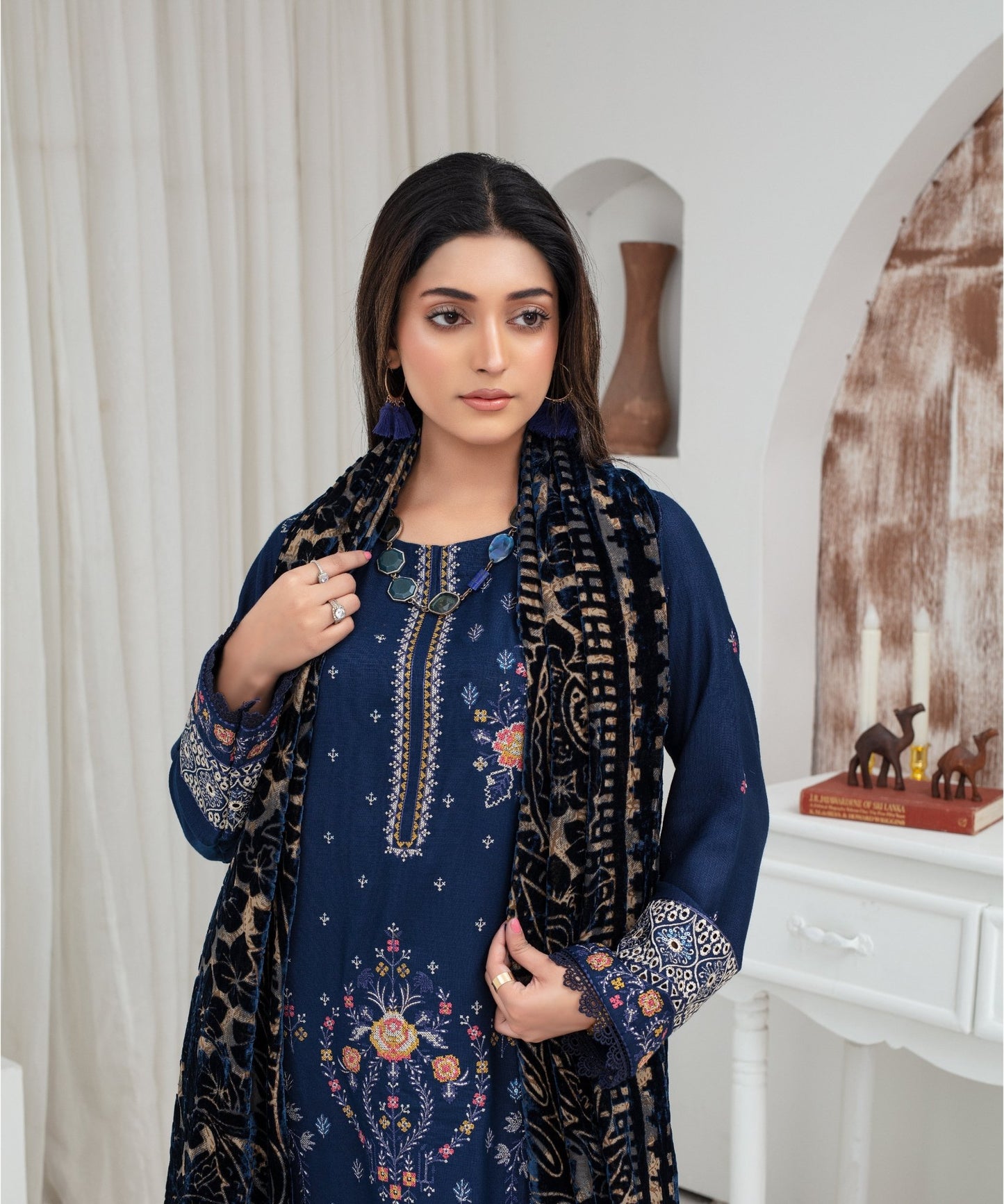 CREATION Dhanak 3PC Chikankari Embroidered Shirt With Velvet Plachi Shawl- 2103 - QQ