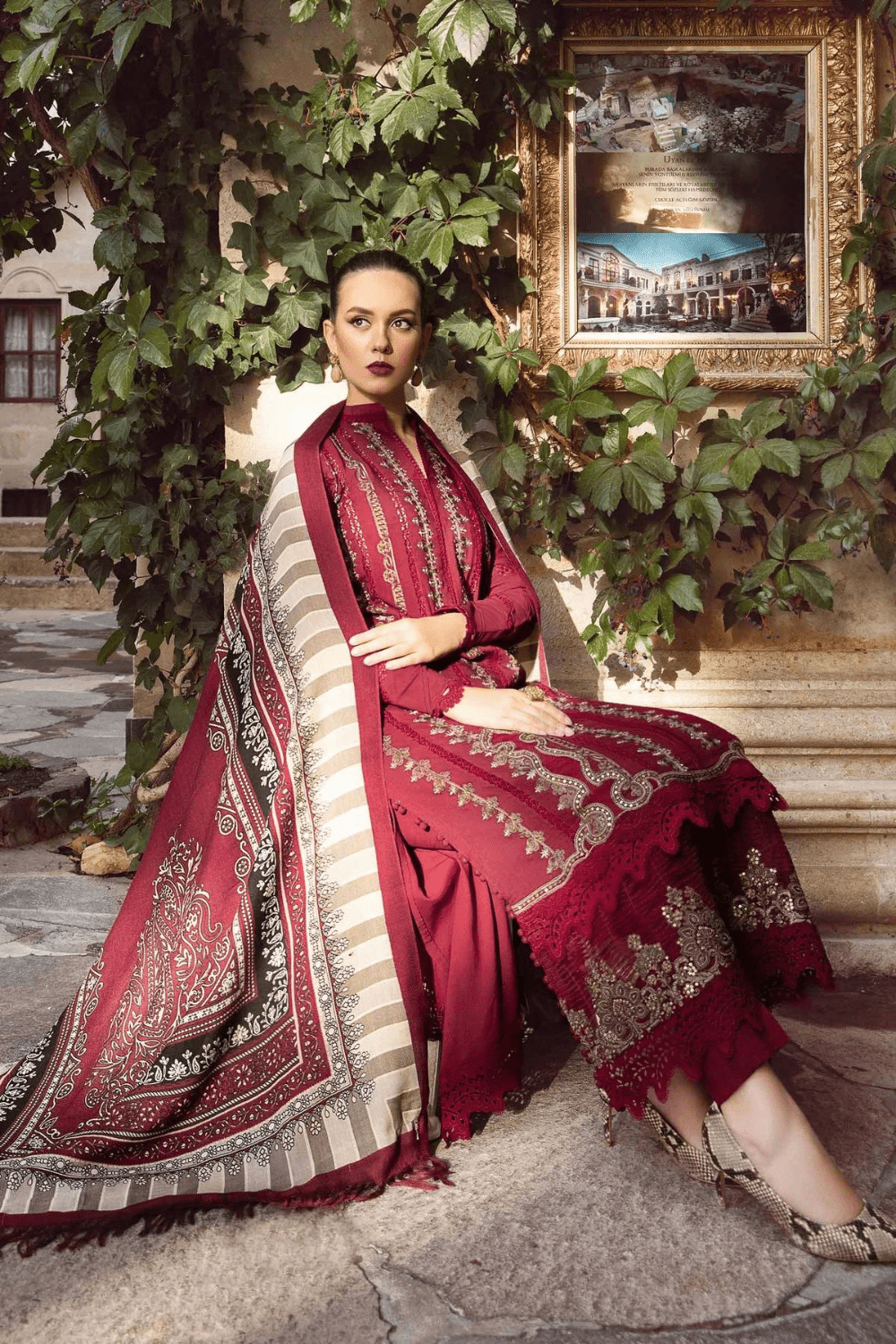 Dhanak-3PC Embroidered Shirt with Digital Printed Wool Shawl -3427 - QQ
