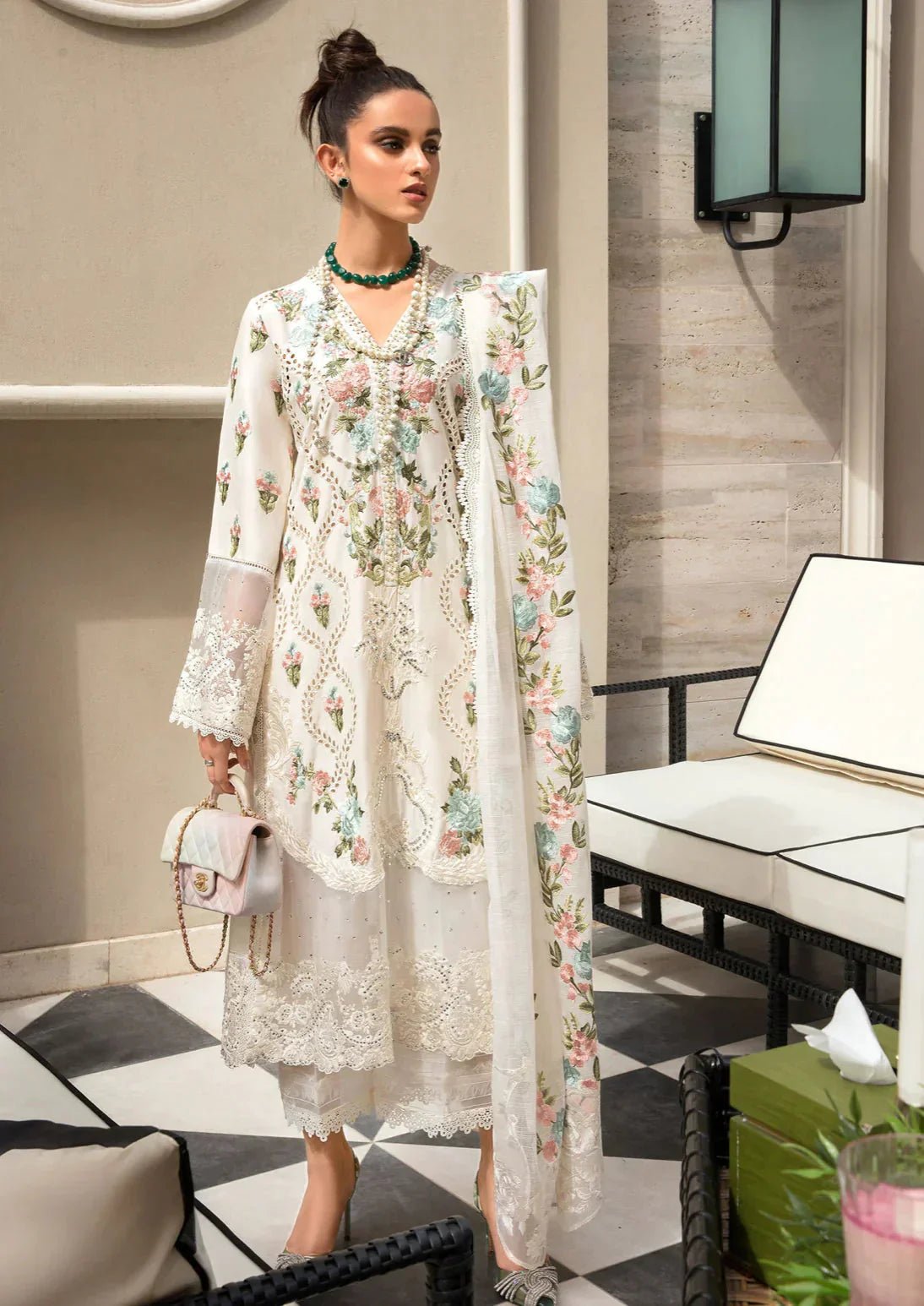 Lawn-3PC Embroidered Shirt with Organza Embroidered Dupatta-1168 - QQ