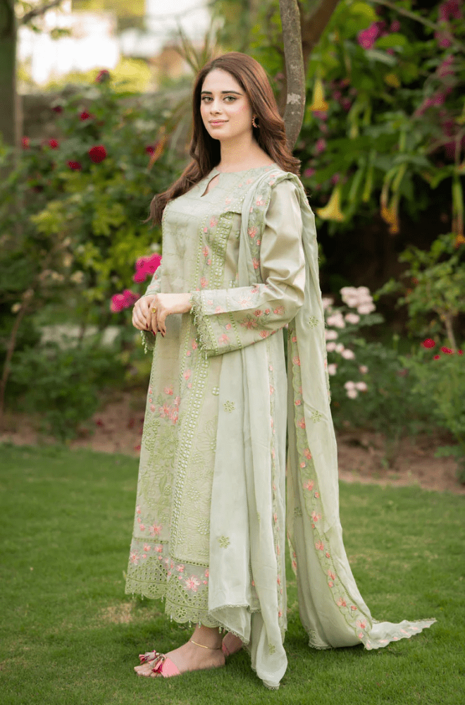 Dhanak-3PC Embroidered Shirt with Organza Embroidered Dupatta- 3386 - QQ