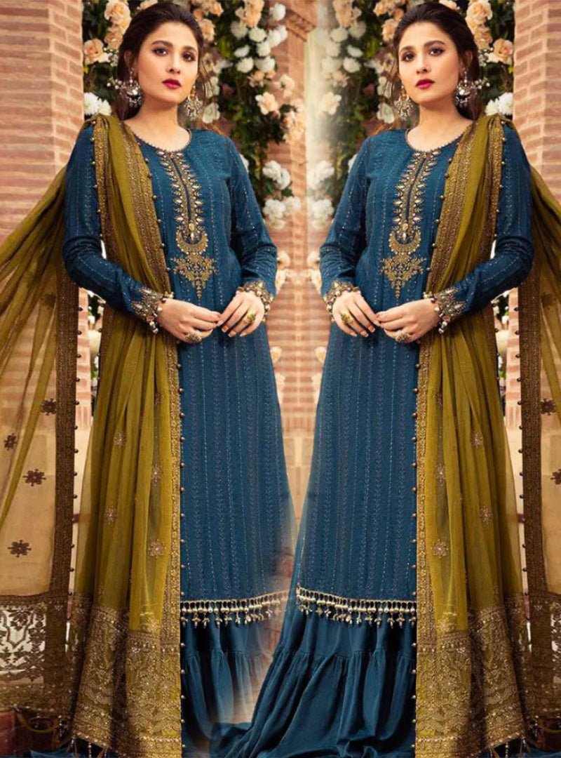 Linen 3PC Embroidered Shirt with Chiffon Embroidered Dupatta -983 - QQ