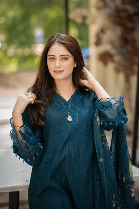 3PC Dhanak Embroidered Shirt with printed funcy dupatta -3438 - QQ