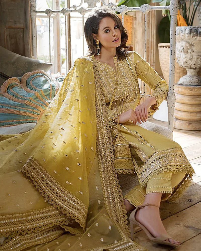 Linen 3PC Embroidered with Organza Sequins Embroidered Dupatta -583 - QQ