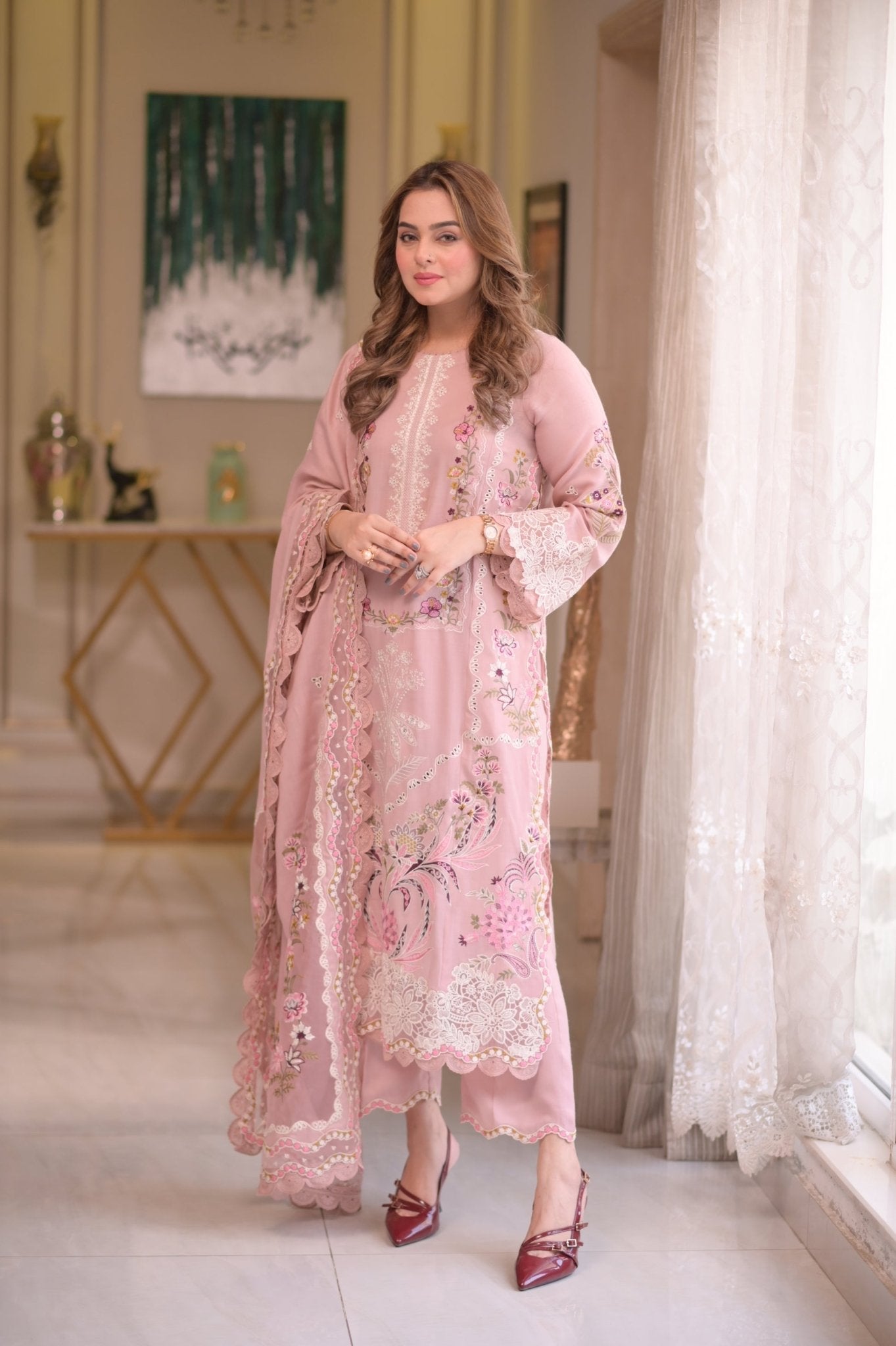 Lawn-3PC Embroidered Shirt With Embroidered Cotton Viscose Dupatta-5107 - QQ