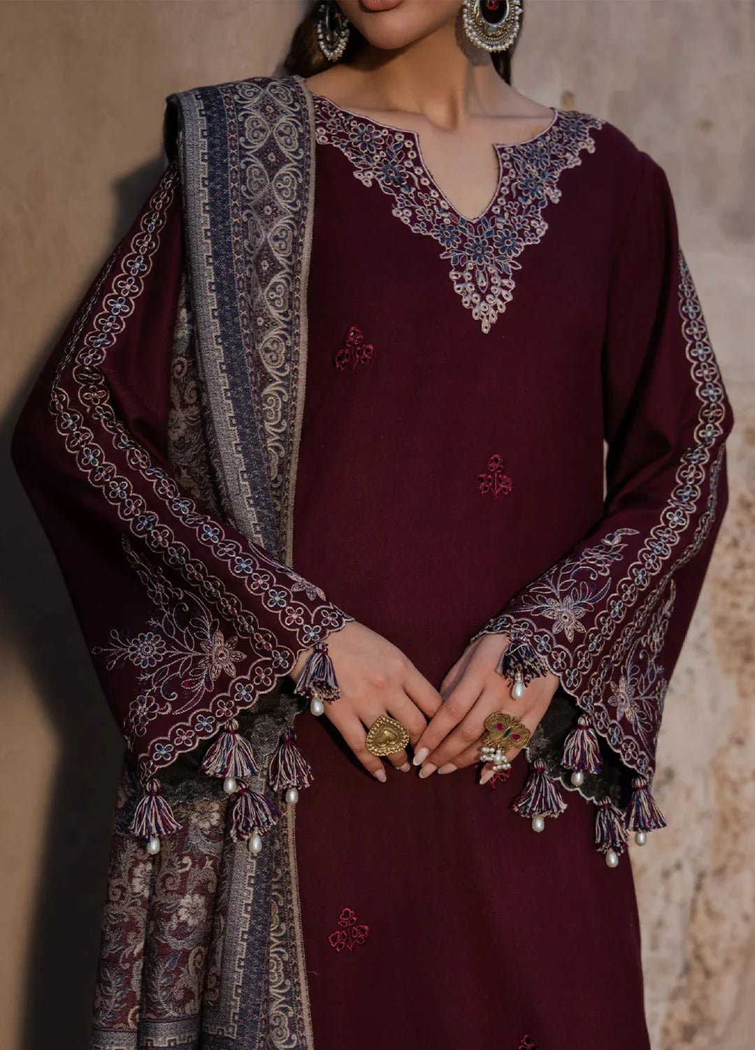 Dhanak-3PC Embroidered Shirt with Digital Printed Wool Shawl - 3537 - QQ