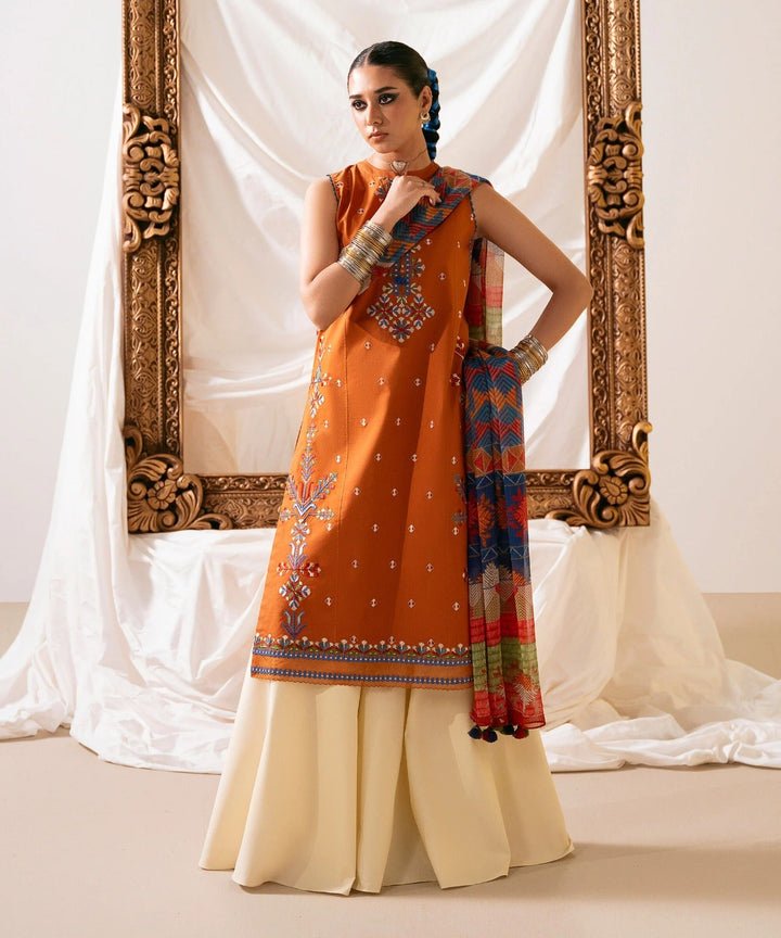 Dhanak-3PC Embroidered Shirt with Digital Printed Wool Shawl -3436 - QQ