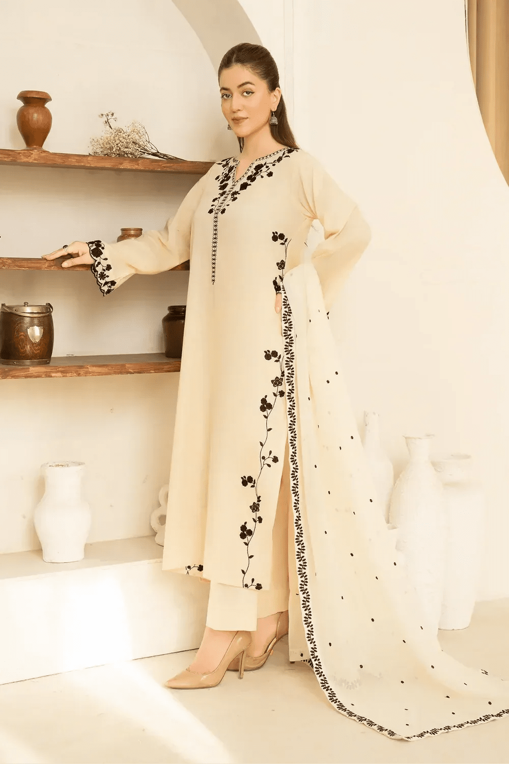 Dhanak-3PC Embroidered Shirt with Chiffon Embroidered Dupatta - 3510 - QQ