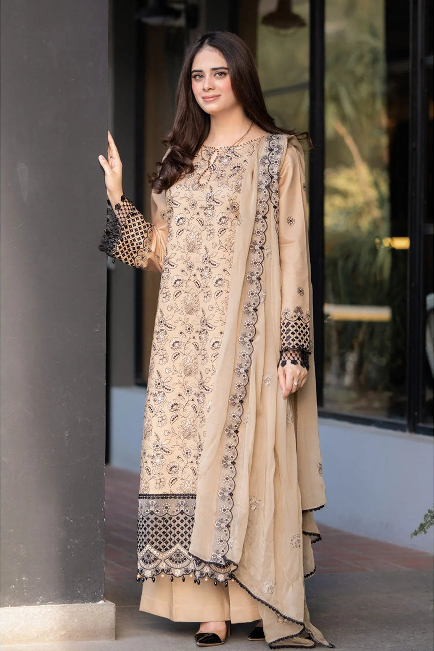 Dhanak-3PC Embroidered Shirt with Chiffon Embroidered Dupatta-3397