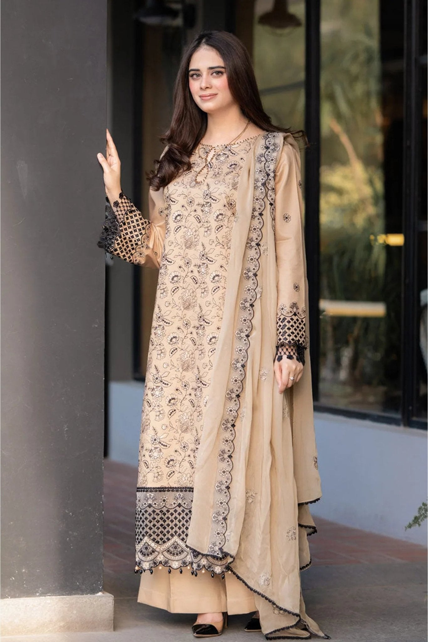 Dhanak-3PC Embroidered Shirt with Chiffon Embroidered Dupatta-3397 - QQ