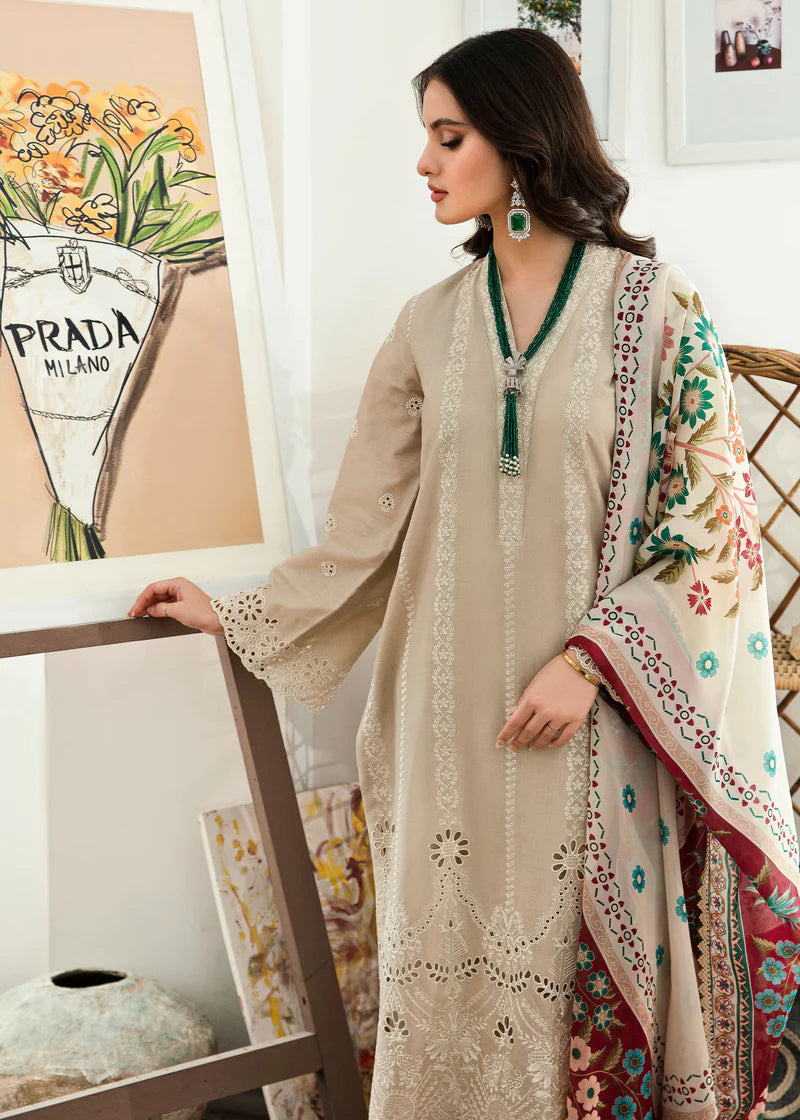 Maria B Dhanak 3PC Chickenkari Embroidered Shirt With Print Shawl-663