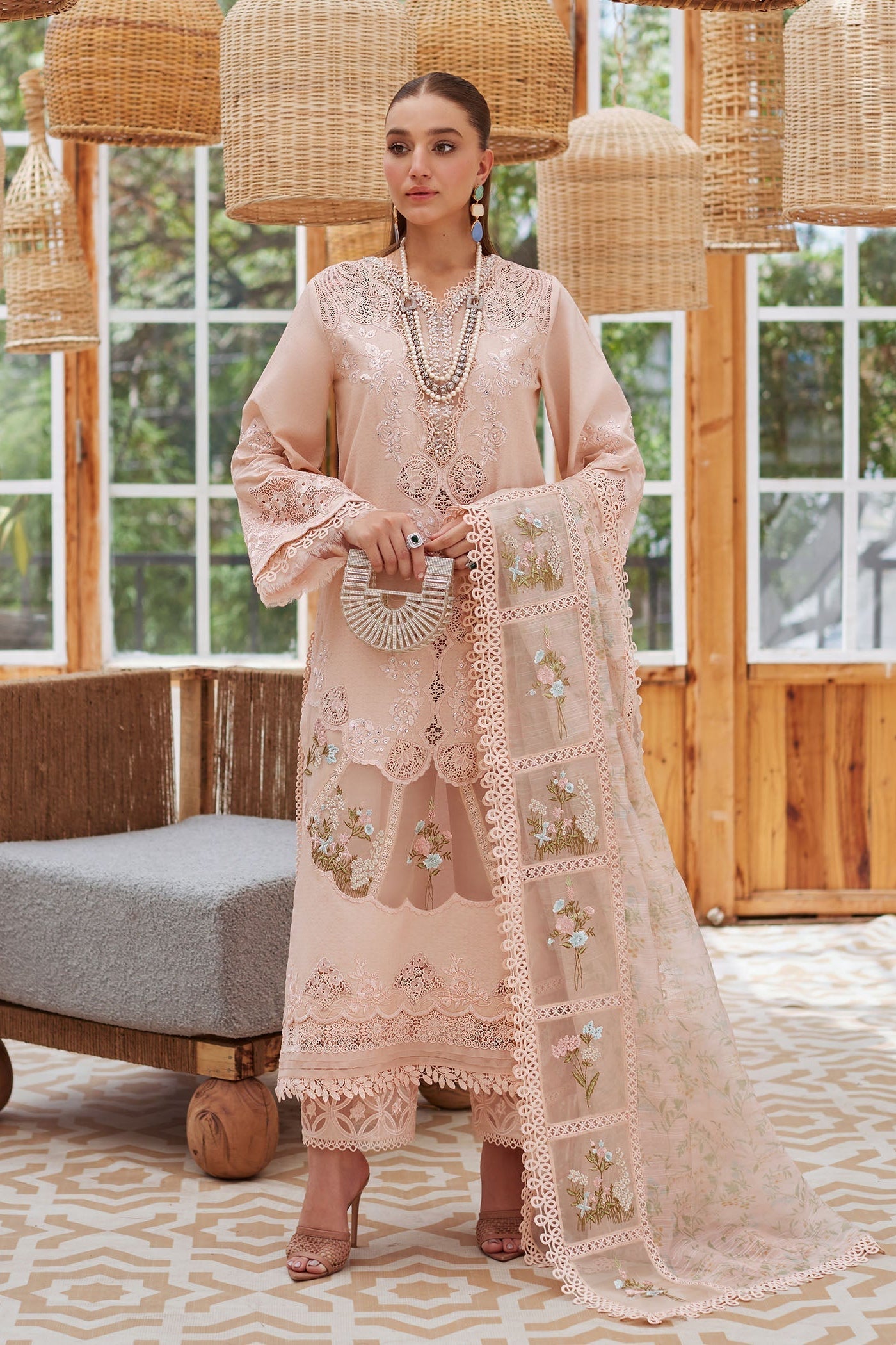 Lawn-3PC Embroidered Shirt with Organza Printed Dupatta with Embroidery - 5109