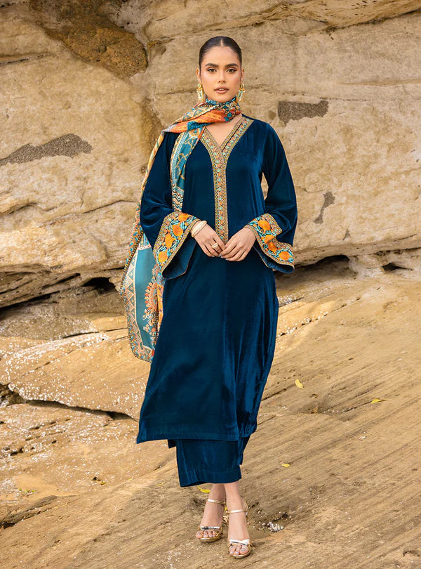 430 - Embroidered Velvet Dress With Printed Karandi Shawl