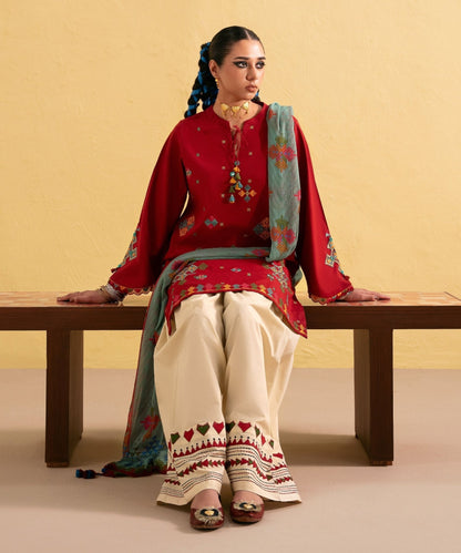 Dhanak-3PC Embroidered Shirt with Digital Printed Wool Shawl - 3437 - QQ