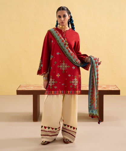 Dhanak-3PC Embroidered Shirt with Digital Printed Wool Shawl - 3437 - QQ