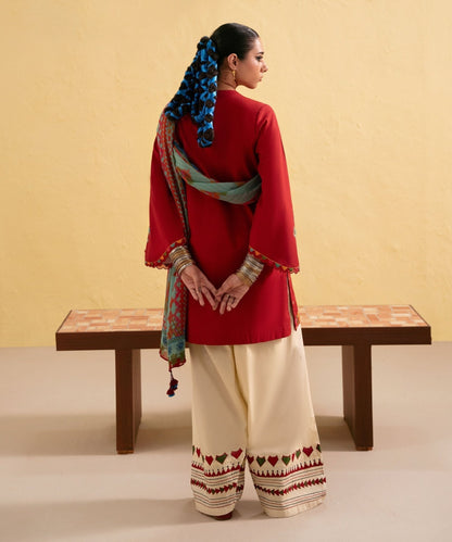 Dhanak-3PC Embroidered Shirt with Digital Printed Wool Shawl - 3437 - QQ