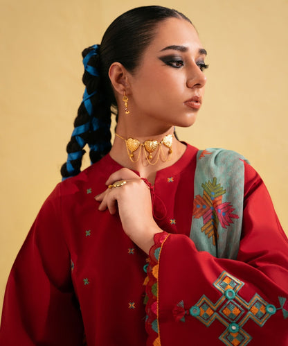Dhanak-3PC Embroidered Shirt with Digital Printed Wool Shawl - 3437 - QQ