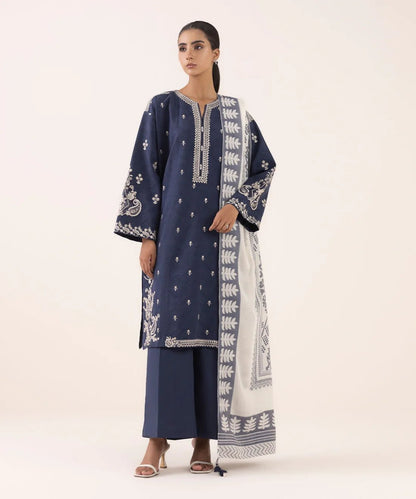 Dhanak-3PC Embroidered Shirt with Digital Printed Wool Shawl - 3511 - QQ