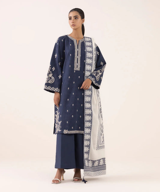Dhanak-3PC Embroidered Shirt with Digital Printed Wool Shawl - 3511