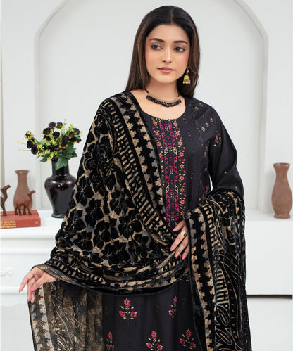 CREATION Dhanak 3PC Chikankari Embroidered Shirt With Velvet Plachi Shawl- 2101 - QQ