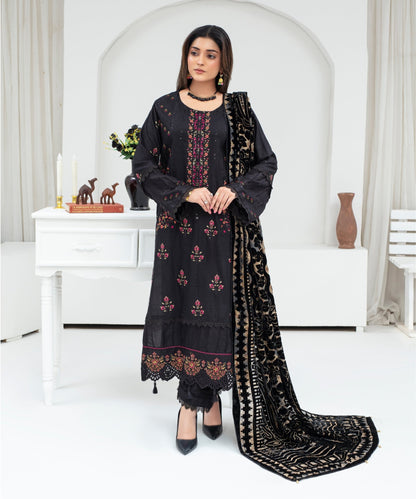 CREATION Dhanak 3PC Chikankari Embroidered Shirt With Velvet Plachi Shawl- 2101 - QQ