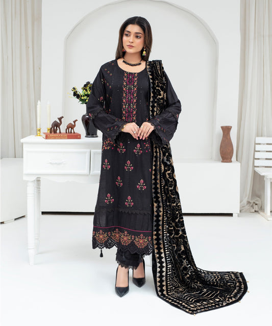 CREATION Dhanak 3PC Chikankari Embroidered Shirt With Velvet Plachi Shawl- 2101 - QQ