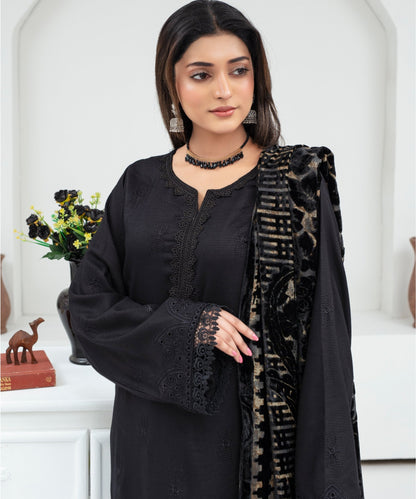 CREATION Dhanak 3PC Chikankari Embroidered Shirt With Velvet Plachi Shawl- 2107 - QQ