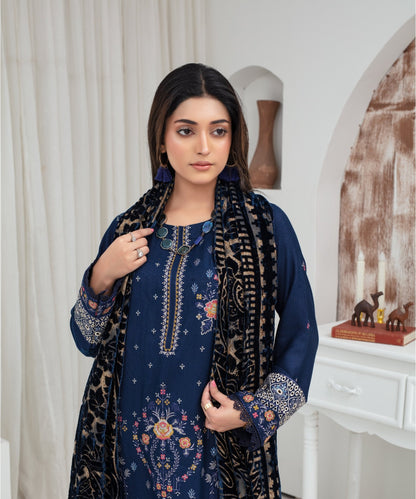 CREATION Dhanak 3PC Chikankari Embroidered Shirt With Velvet Plachi Shawl- 2103 - QQ