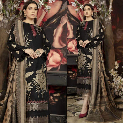 Dhanak-3PC Embroidered with Digital Printed Wool Shawl-3124 - QQ