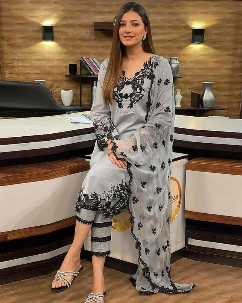Linen 3PC Embroidered Shirt with Chiffon Embroidered Duaptta-925
