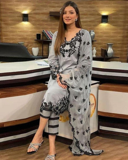 Linen 3PC Embroidered Shirt with Chiffon Embroidered Duaptta-925 - QQ