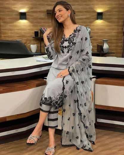 Linen 3PC Embroidered Shirt with Chiffon Embroidered Duaptta-925 - QQ