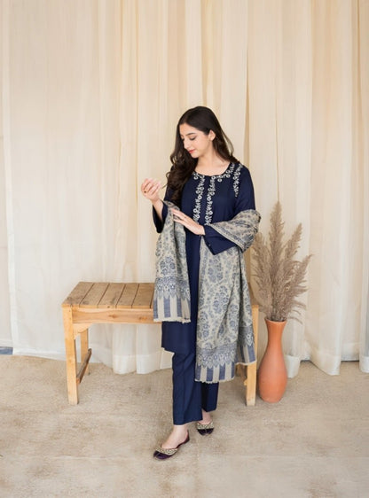AISLING Dhanak 3PC Embroidered With Digital Printed Wool Shawl-629 - QQ