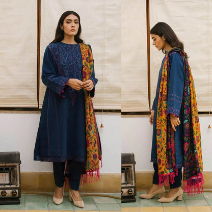 ZARA SHAHJAHAN 3PC Dhanak Embroidered Shirt With Digital Printed Shawl-217 - QQ