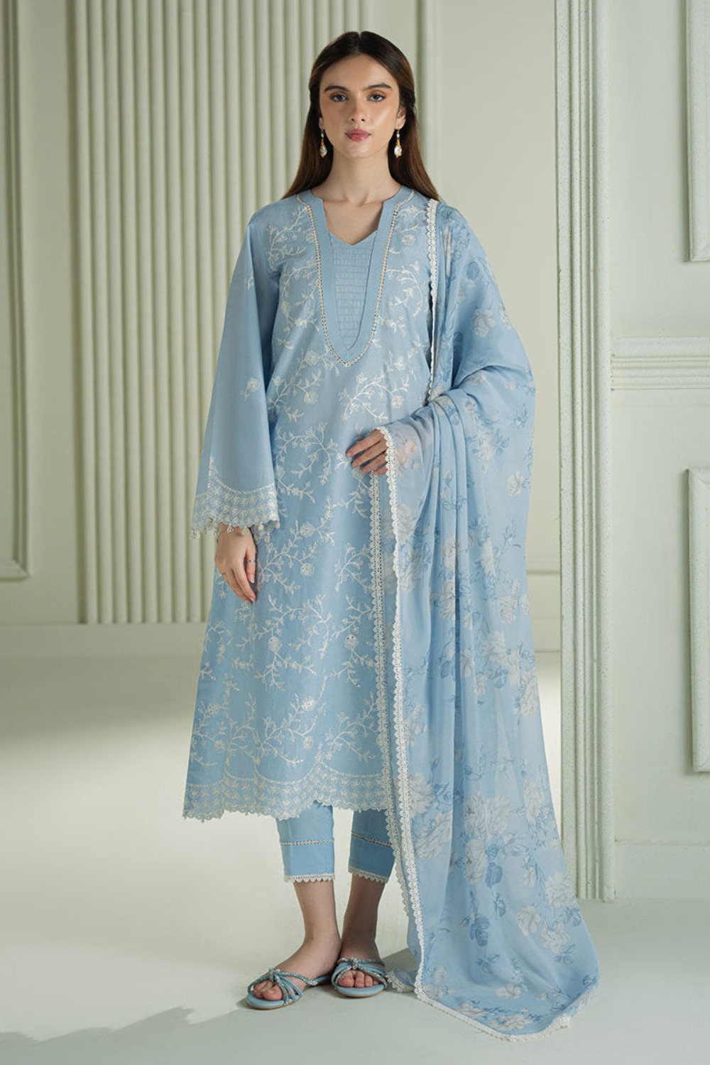 Lawn-3PC Embroidered Shirt with Digital Printed Jacquard Dupatta-1366