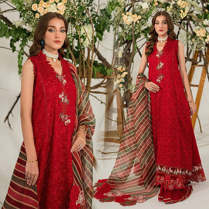 MUSHQ 3PC Chikankari Embroidered With Digital Printed Organza Dupatta-111 - QQ