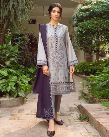 Linen 3PC Embroidered Shirt with Chiffon Embroidered Dupatta -578 - QQ