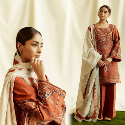 ZARA SHAHJAHAN 3PC Dhanak Embroidered Shirt With Digital Printed Shawl-280 - QQ