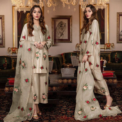 Silk 3PC Embroidered With Organza Embroidered Dupatta-1316 D - QQ