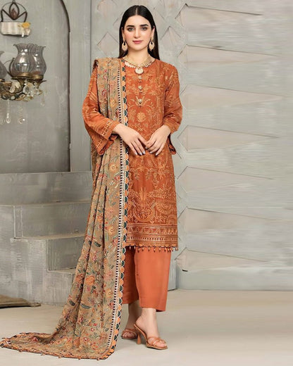 Linen 3PC Embroidered With Chiffon Embroidered Dupatta-672 - QQ