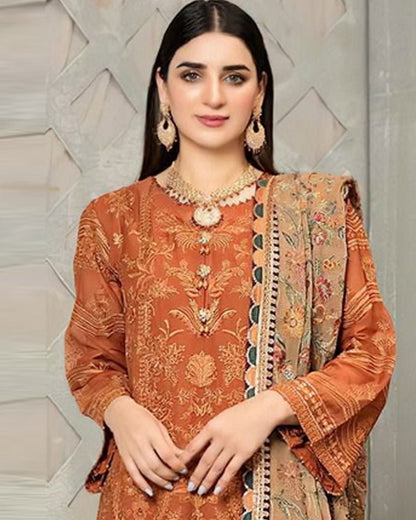 Linen 3PC Embroidered With Chiffon Embroidered Dupatta-672 - QQ