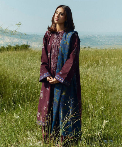 ZARA SHAHJAHAN 3PC Dhanak Embroidered Shirt With Digital Printed Shawl-274 - QQ