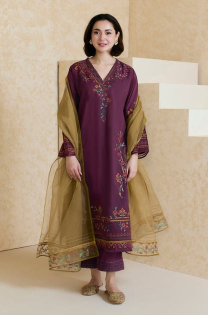 Dhanak -3PC Embroidered Shirt With Organza Embroidered Dupatta-3343 - QQ