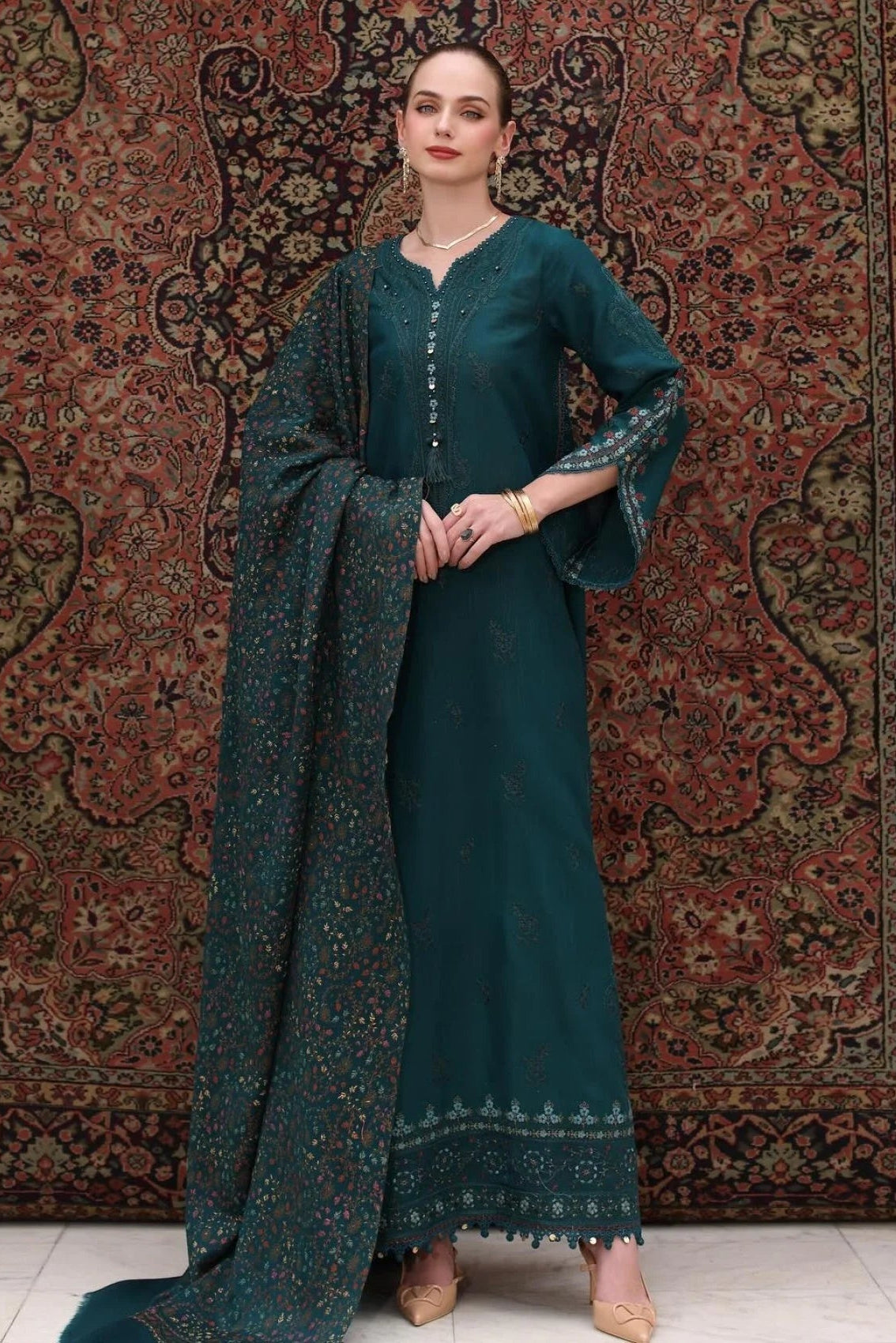 3PC Lawn Embroidered Shirt With Digital Printed Jauqard Dupatta-5128