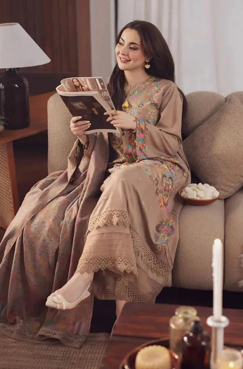 Dhanak 3PC Embroidered Suit With Printed Wool Shawl 3553