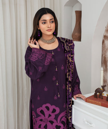 CREATION Dhanak 3PC Chikankari Embroidered Shirt With Velvet Plachi Shawl- 2108 - QQ