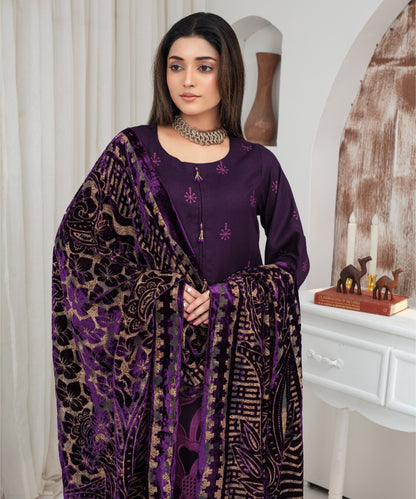 CREATION Dhanak 3PC Chikankari Embroidered Shirt With Velvet Plachi Shawl- 2108 - QQ