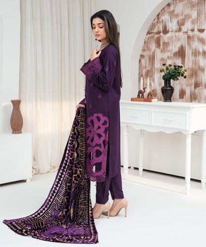 CREATION Dhanak 3PC Chikankari Embroidered Shirt With Velvet Plachi Shawl- 2108 - QQ
