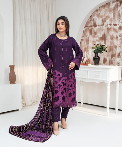CREATION Dhanak 3PC Chikankari Embroidered Shirt With Velvet Plachi Shawl- 2108 - QQ